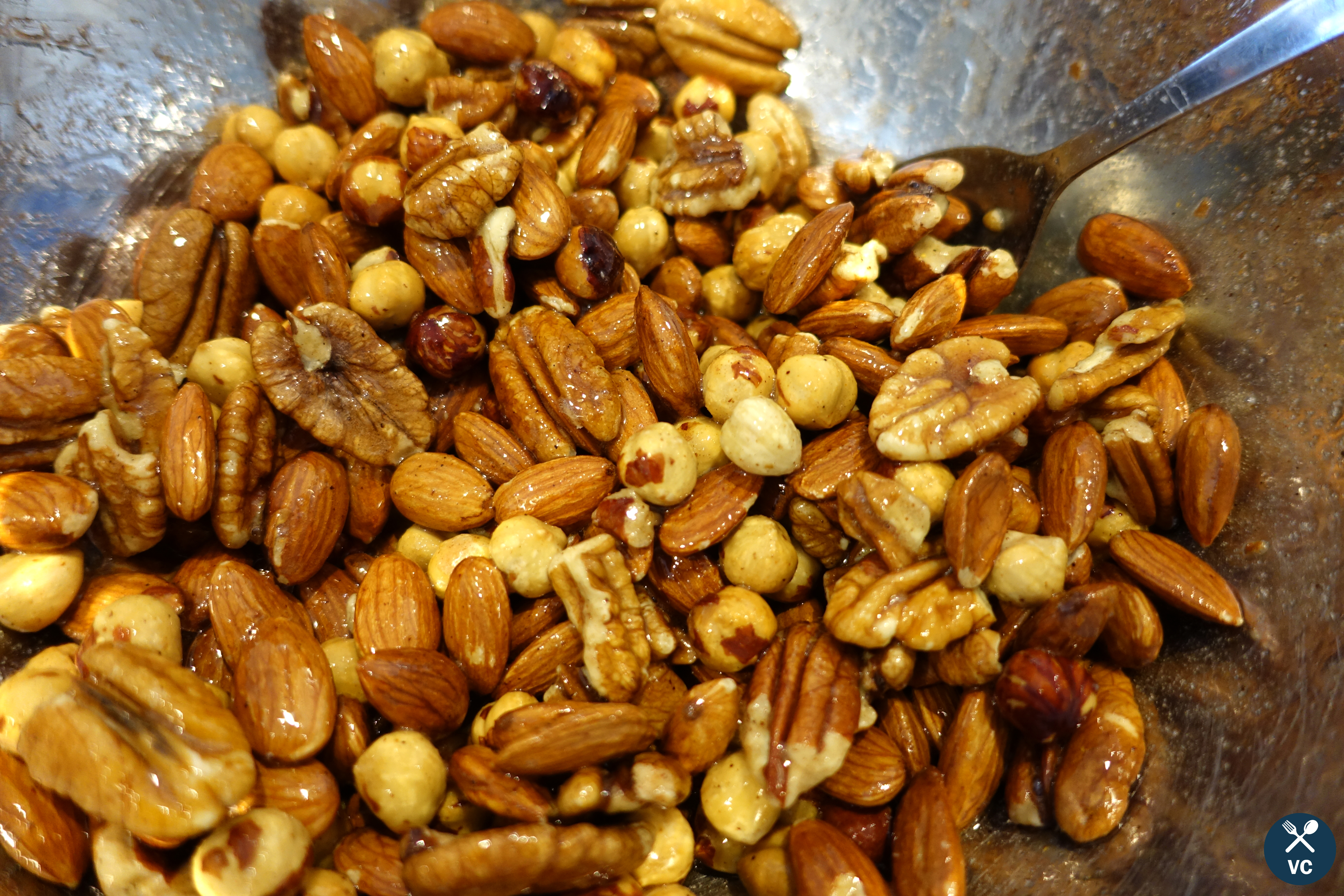 mixing nuts for sweet and salty spiced nuts (VC in the Kitchen)