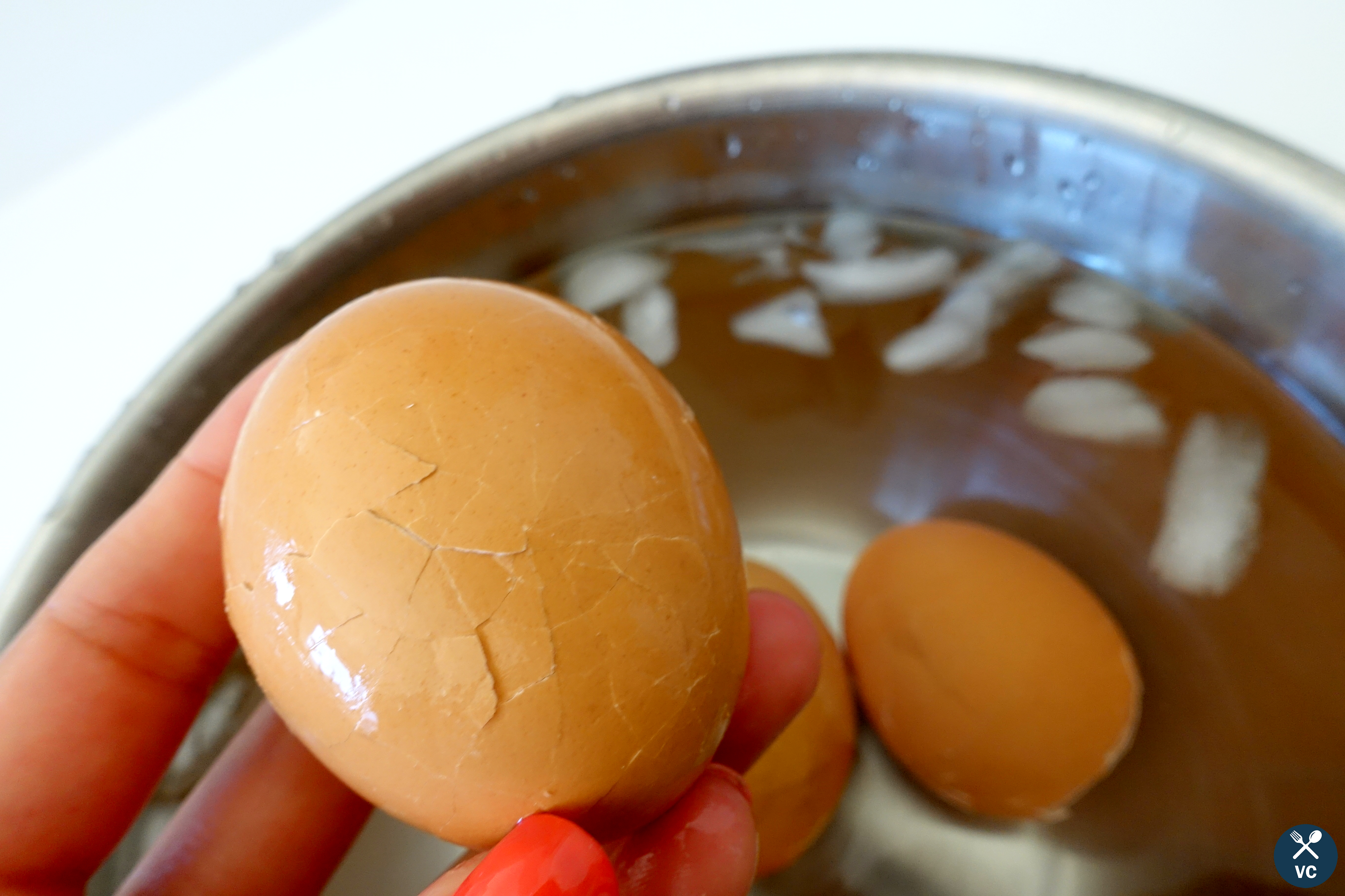 Cracked boiled eggs for peeling (VC in the Kitchen)