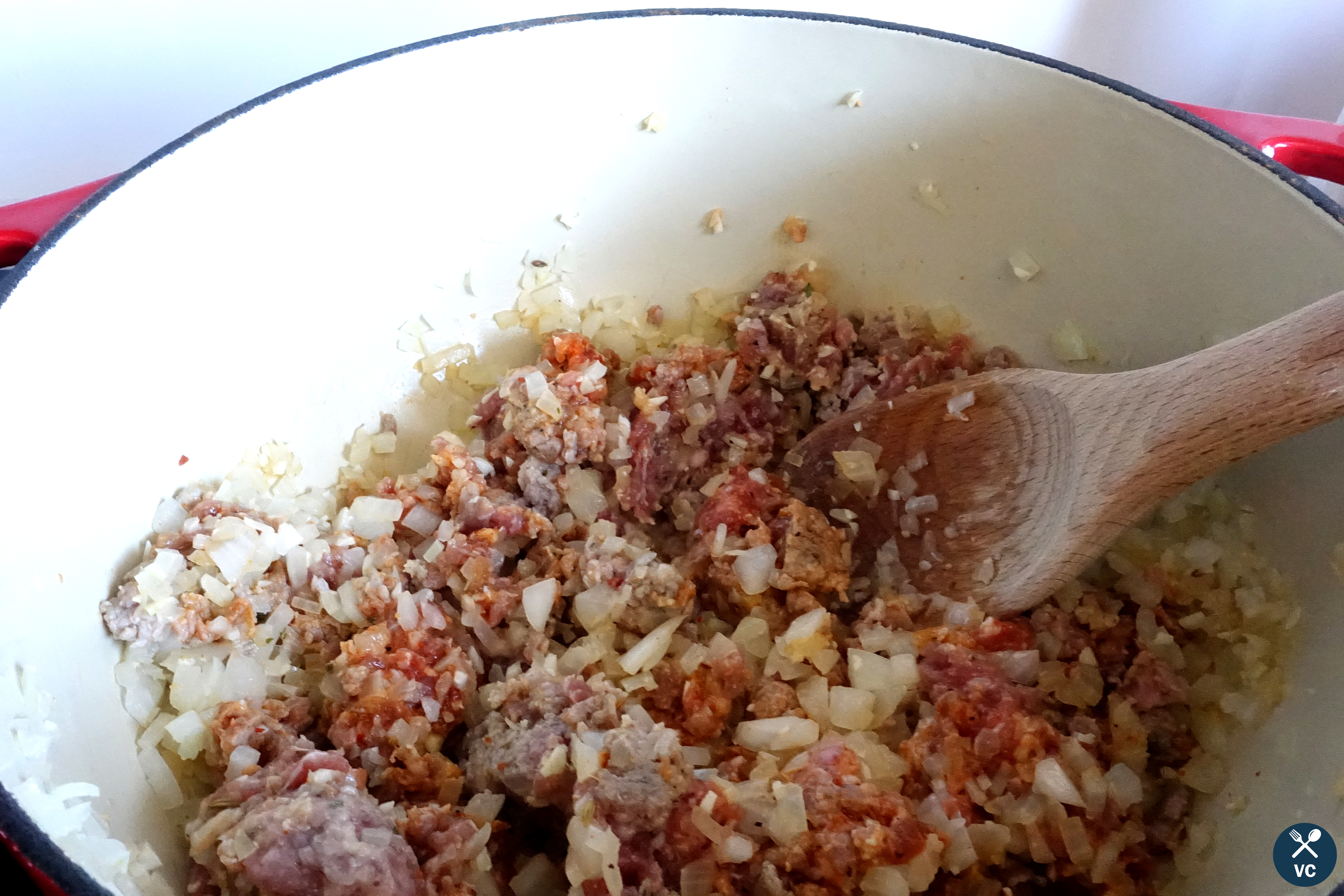 Sausage, onion, garlic for baked ziti (VC in the Kitchen)