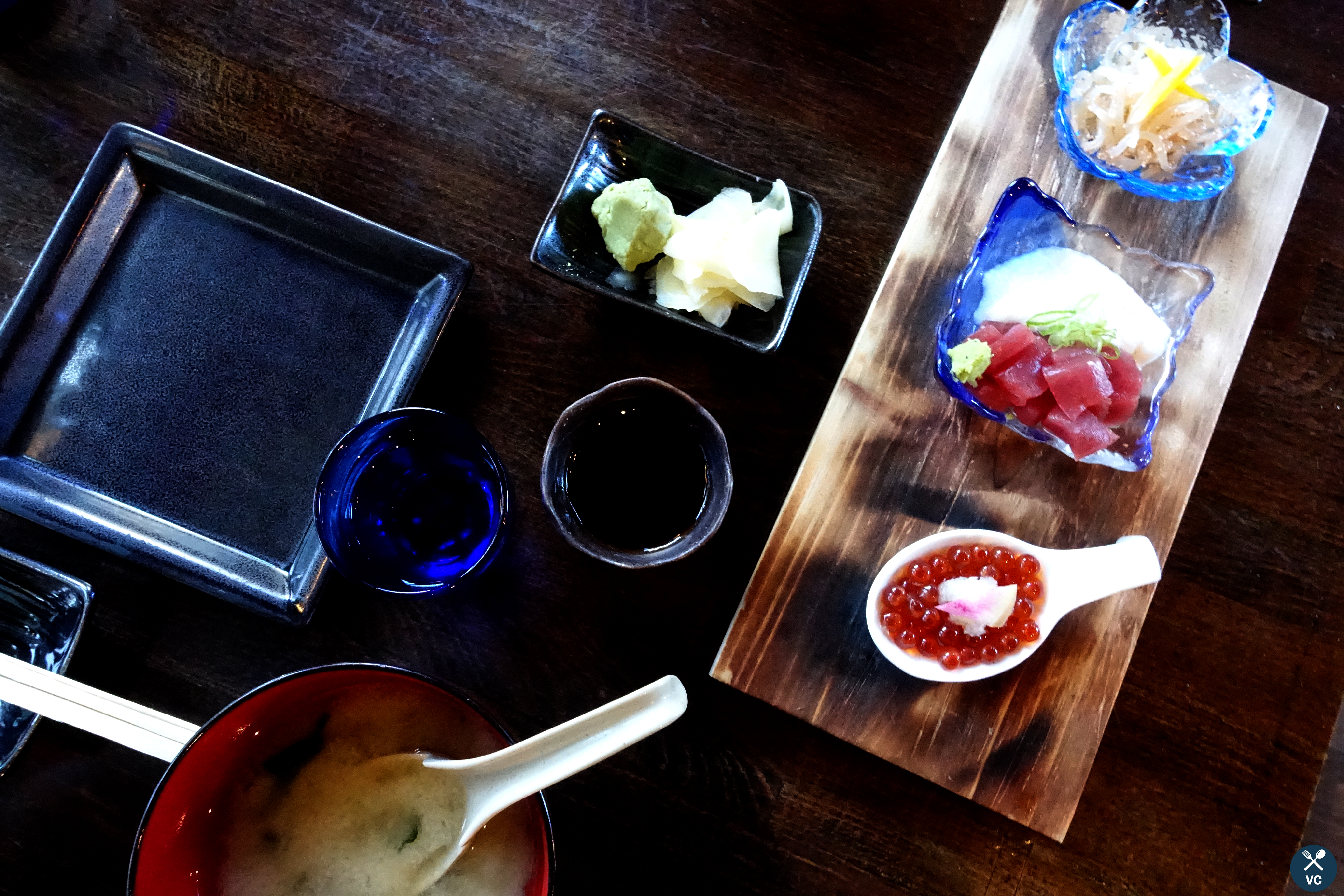 Starter sampler with yam noodles and ikura from Tsubasa Sushi (VC in the Kitchen)