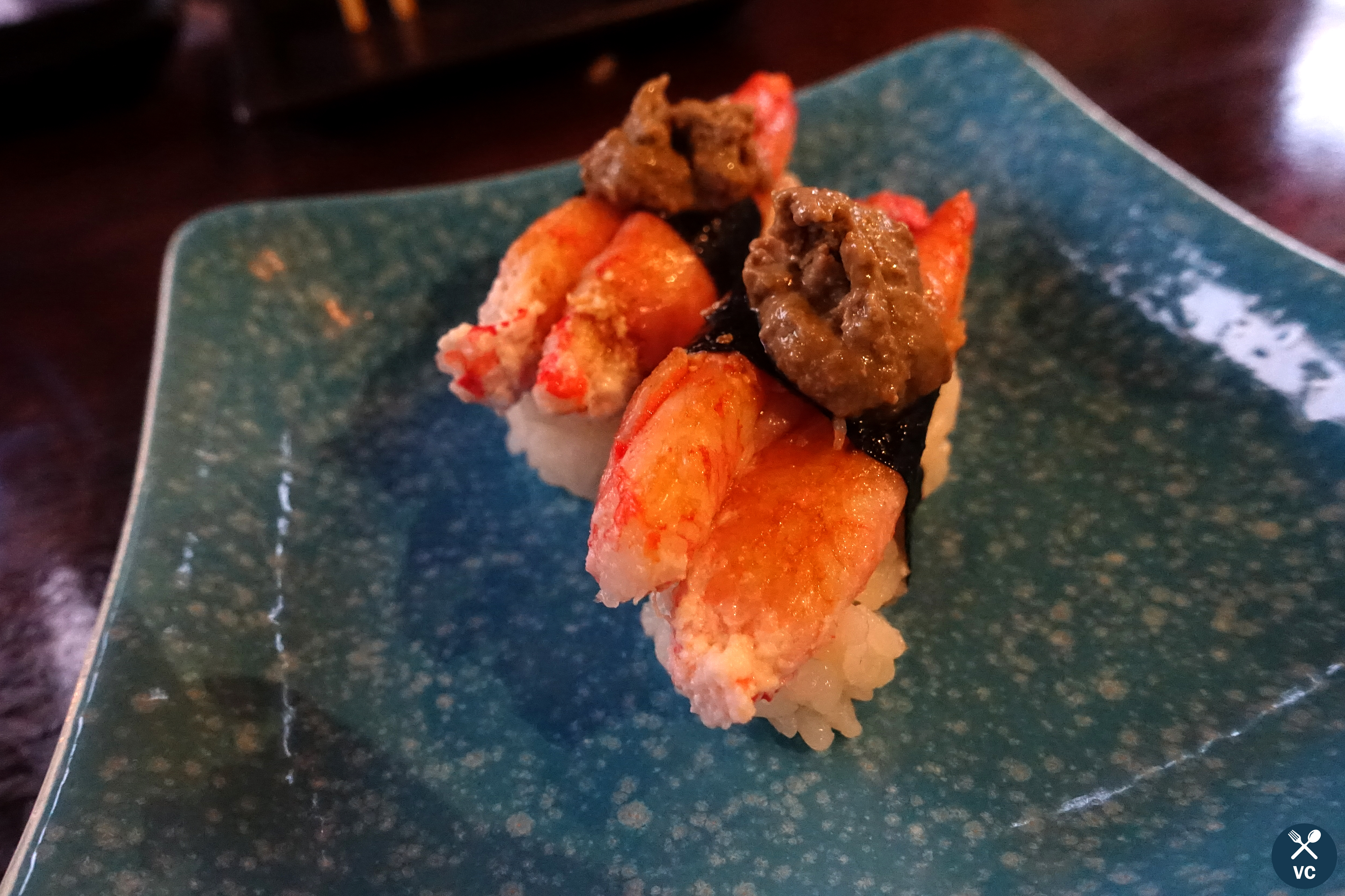 Snow crab nigiri (zuwai-gani) served with kani miso from Tsubasa Sushi (VC in the Kitchen)