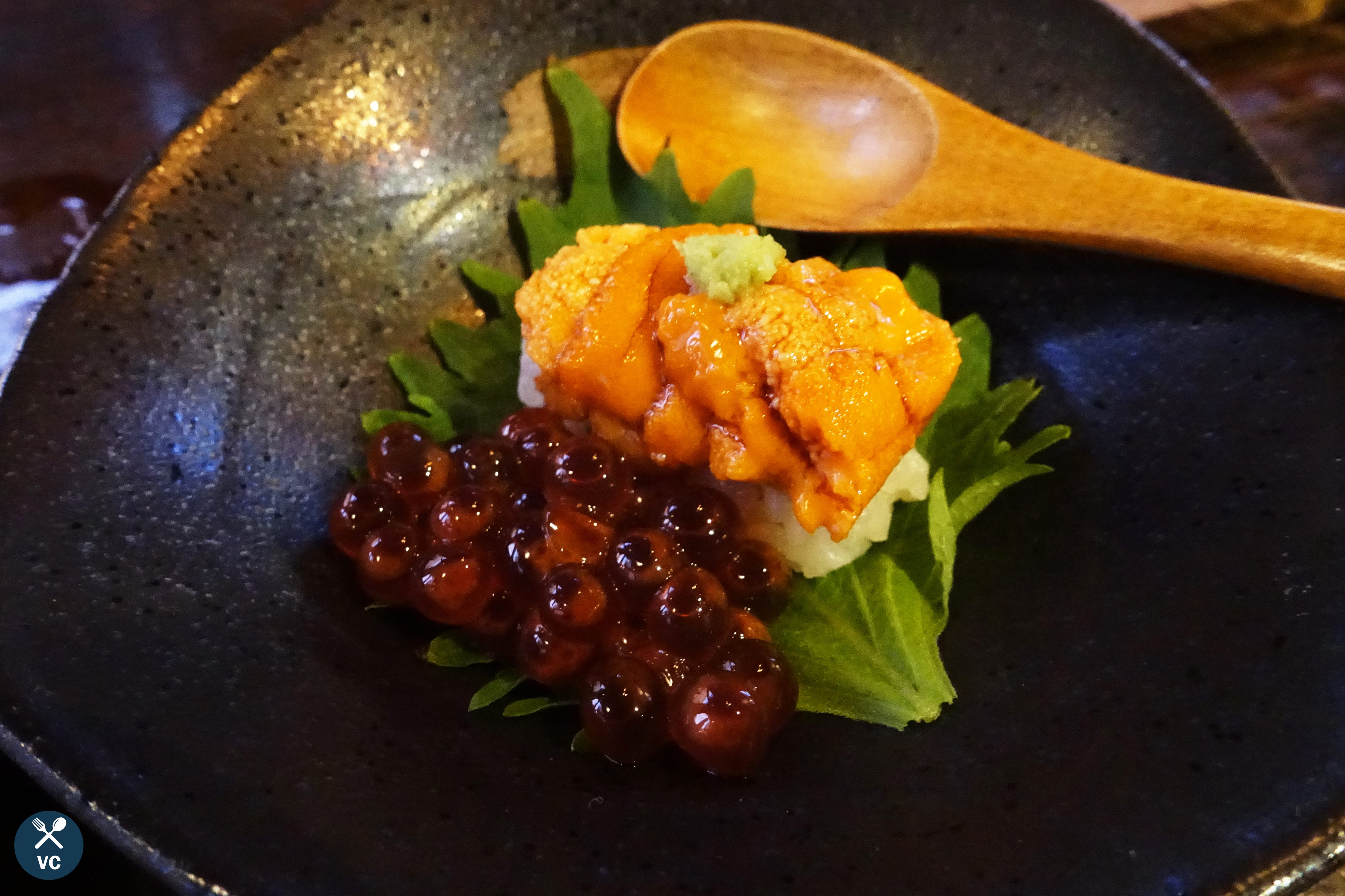 Uni nigiri with ikura from Tsubasa Sushi SF (VC in the Kitchen)