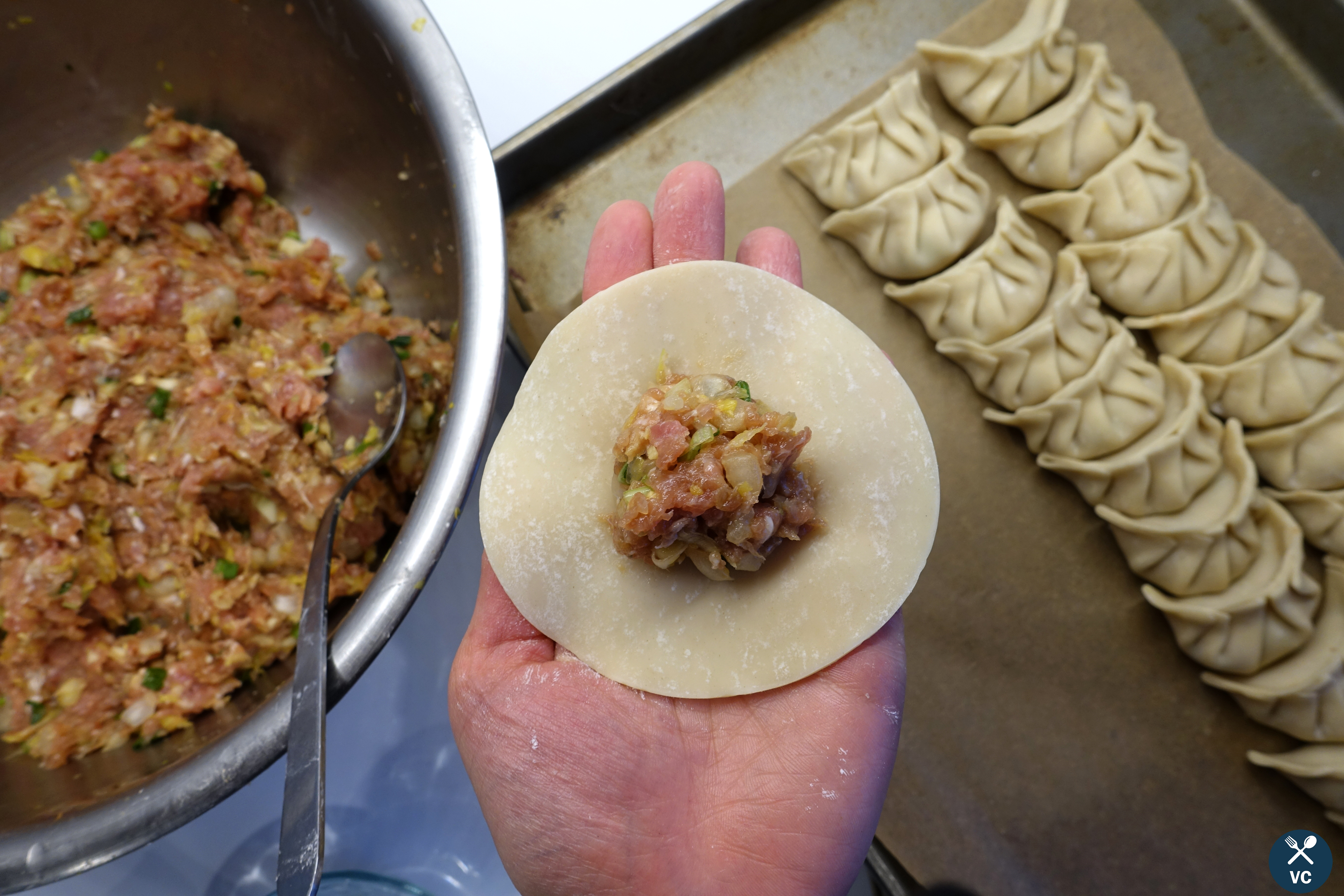 Filling the Asian pork and cabbage dumplings (VCintheKitchen)