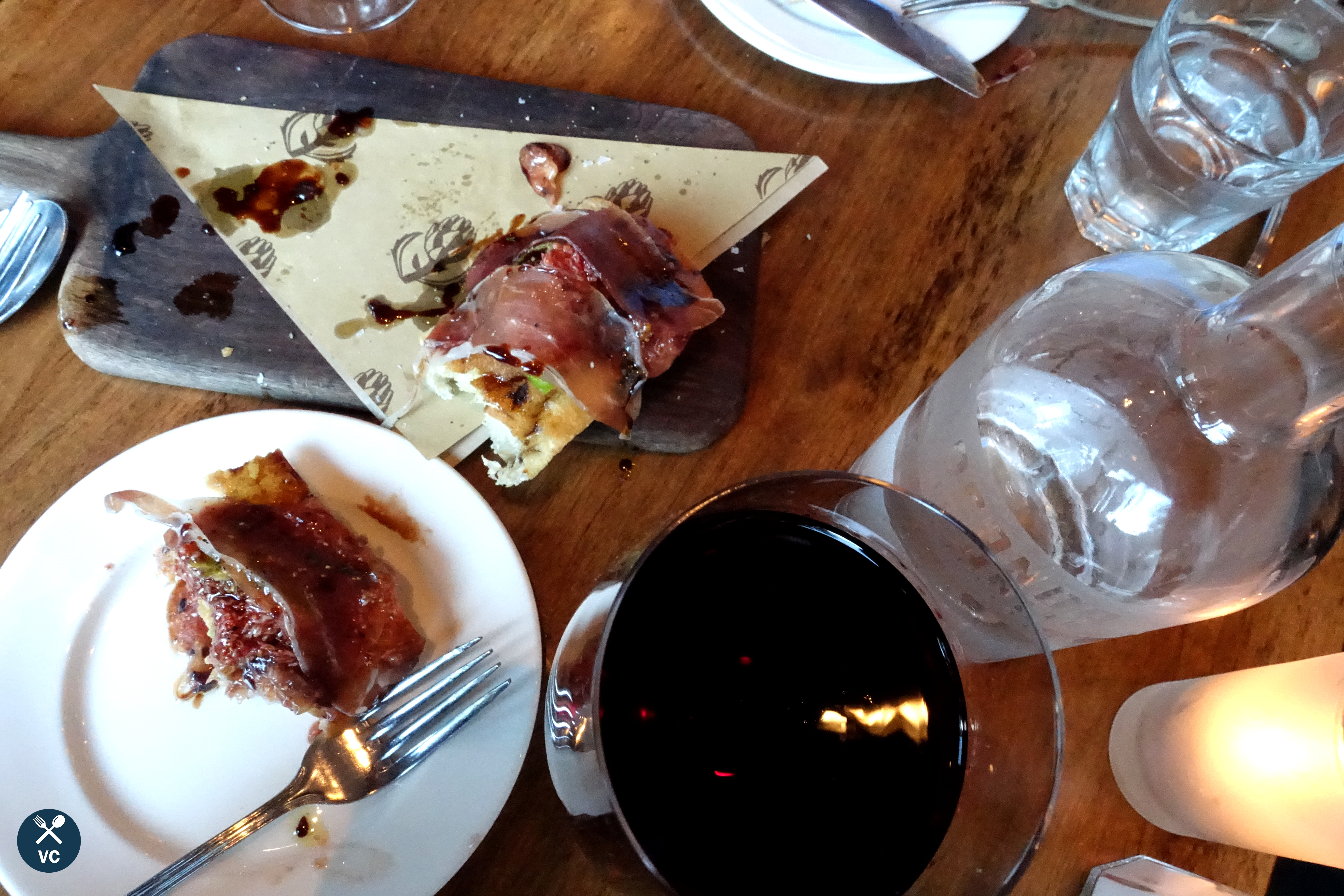 Prosciutto and figs on grilled pizza bianca at Locanda Osteria, SF (VC in the Kitchen)