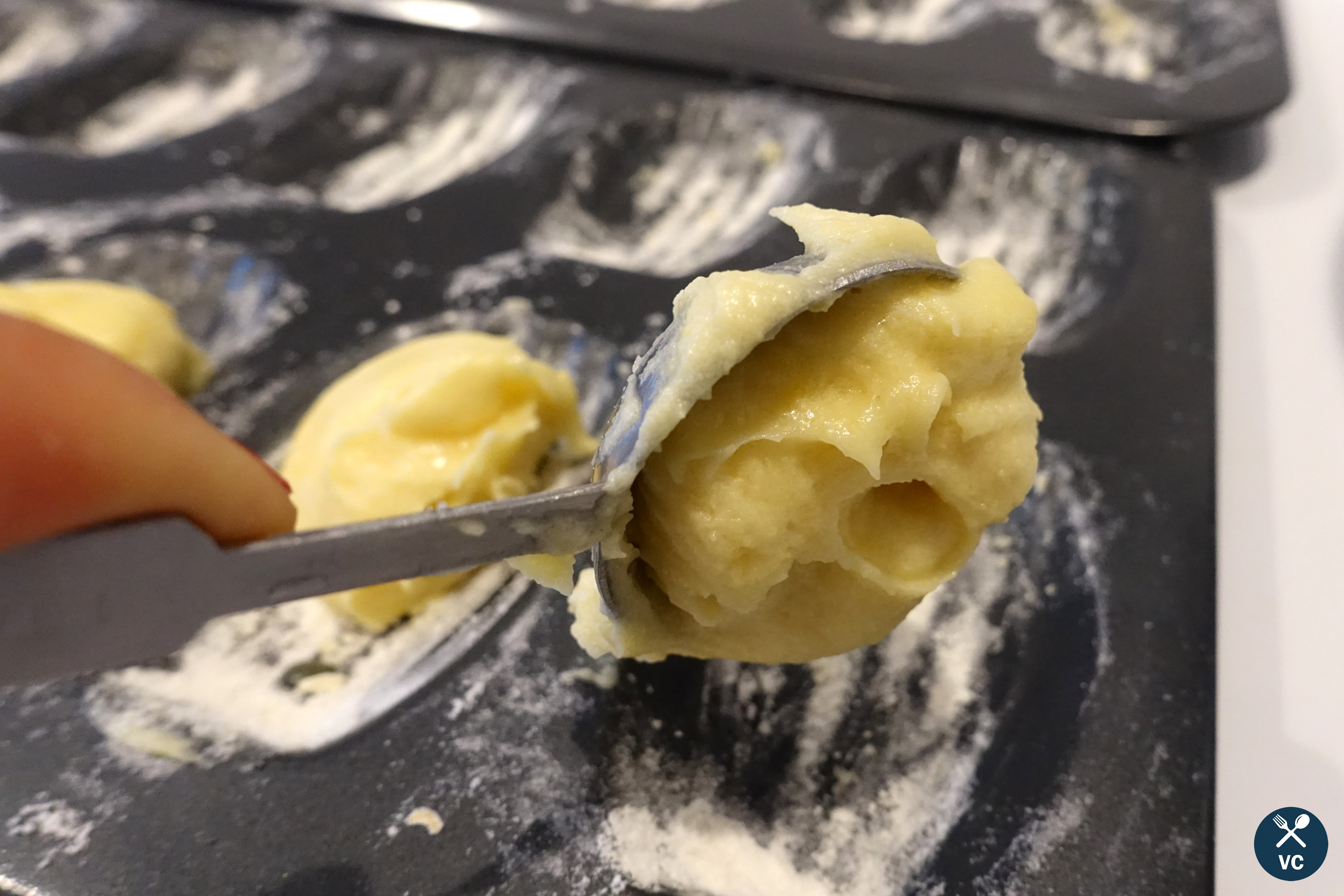 Dropping batter in molds to make classic madeleines (VC in the Kitchen)