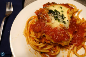 Final chicken parm on a bed of bucatini pasta (VC in the Kitchen)